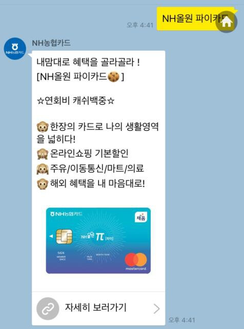 카카오 메시지 NH올원 파이카드